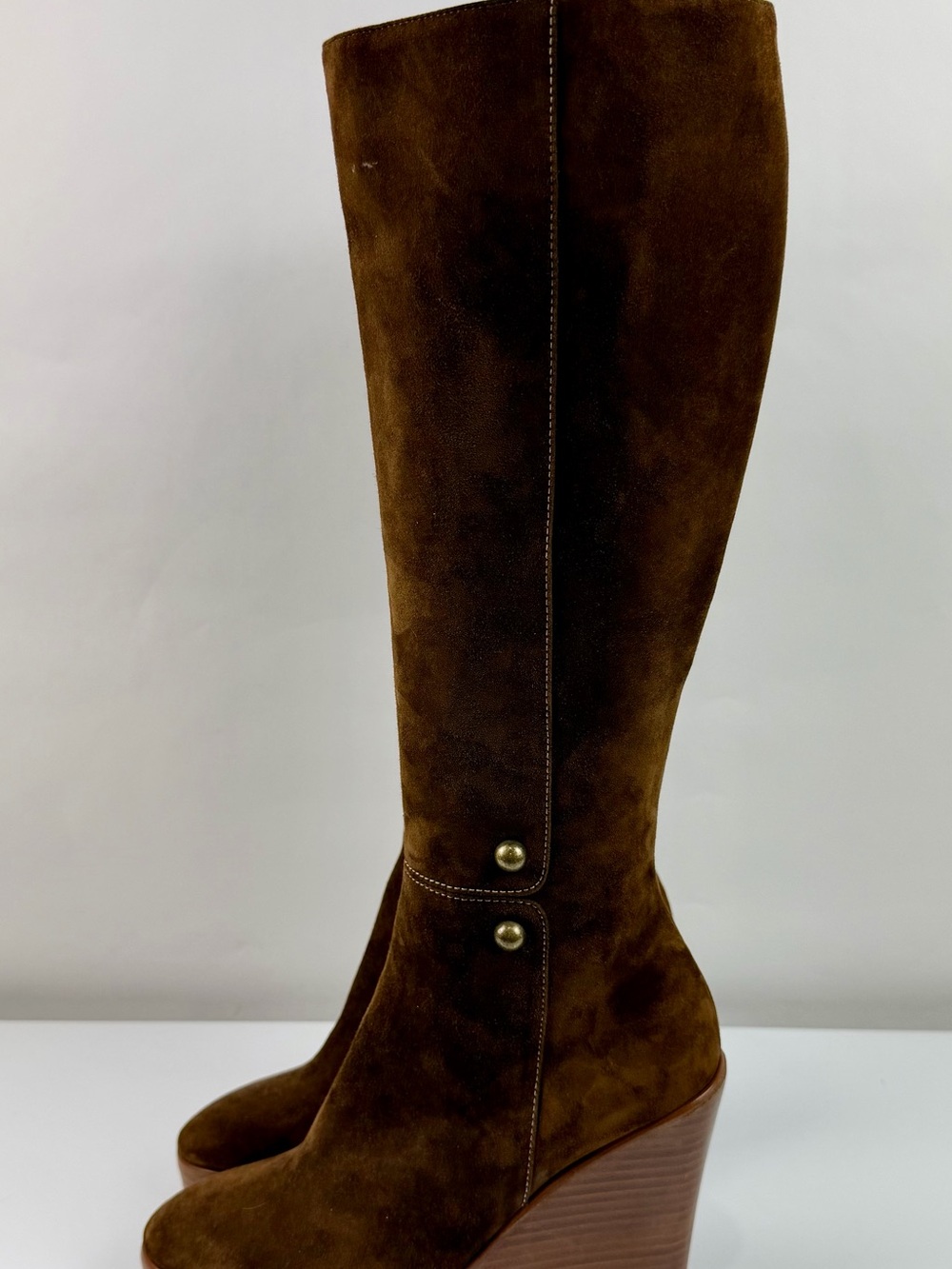 Christian Louboutin Chestnut Suede Knee Boots with Gold Button Detail - Picture 4 of 14